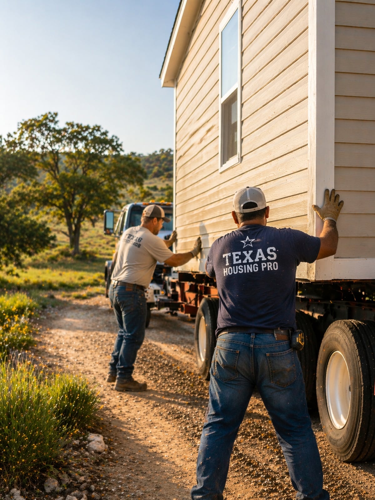 Texas Housing Pros delivery crew setting a new manufactured home on a rural Texas lot